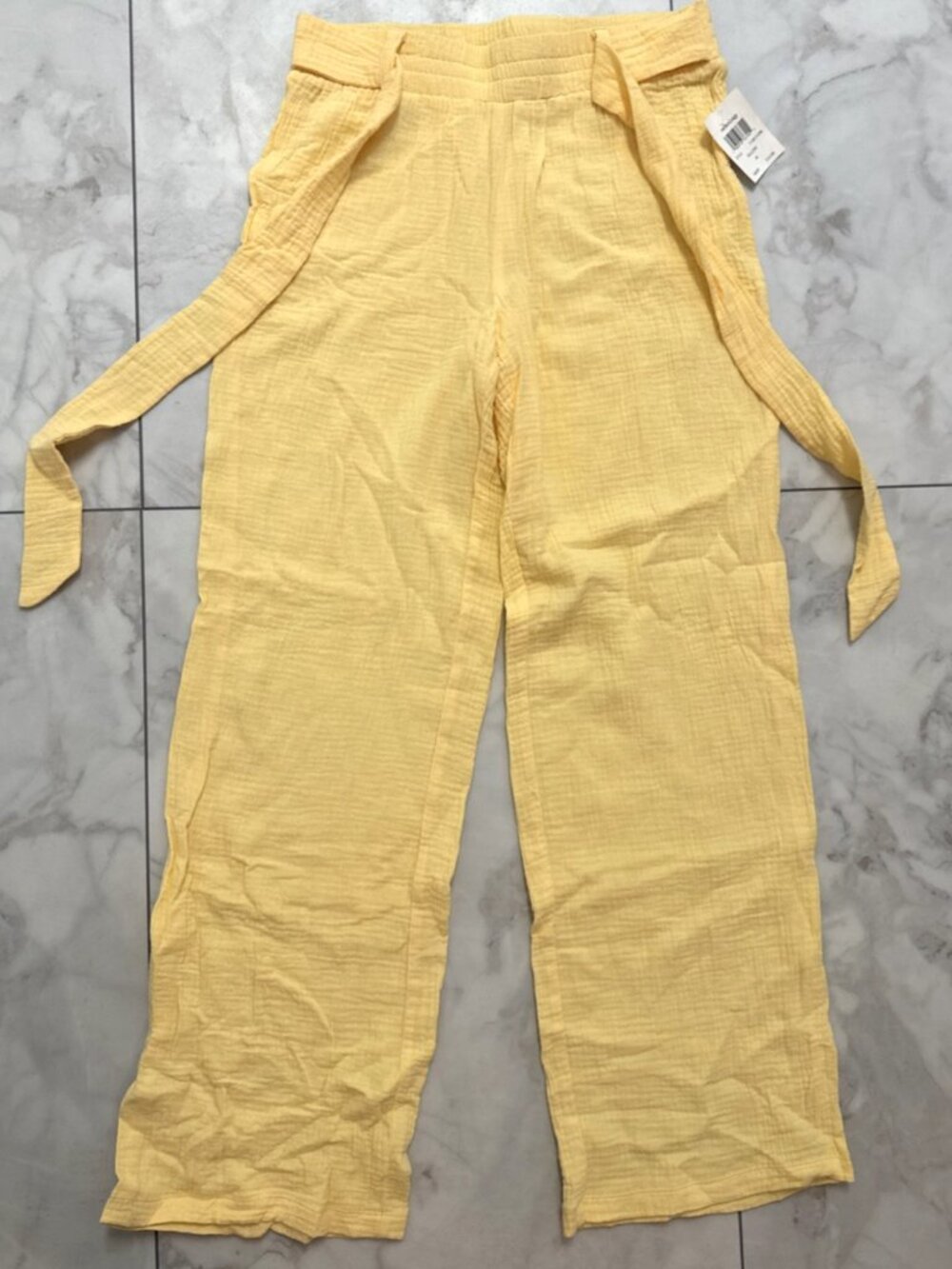 Retrology Pants Womens Medium Yellow Cotton Gauze Wide Leg Tie Waist Relaxed NEW